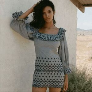 Dôen Franique Azure Paris Blue Gingham Ruffle Neck Dress Women's Size XL NWT